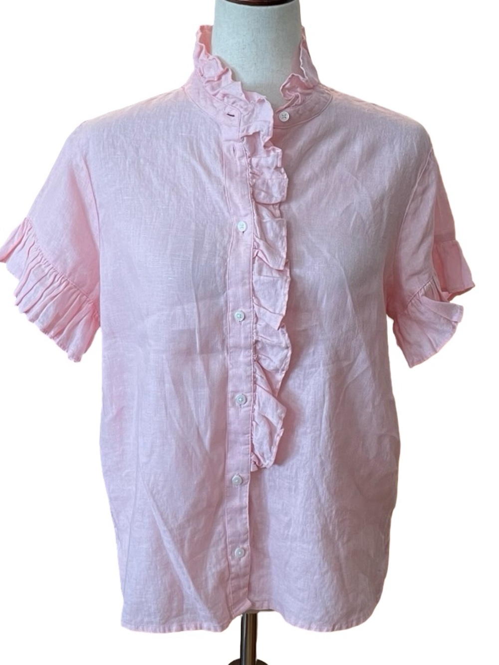 J.CREW 100% Linen Pink Ruffle Blouse